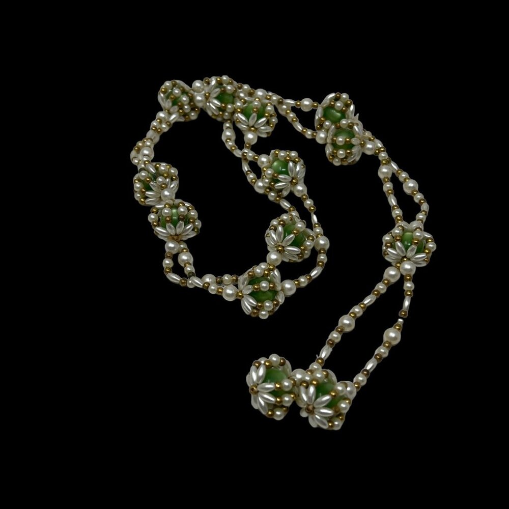 Vintage Faux Pearl Necklace Green‎ Wrapped Beads Gold Tone Accents 36 inches